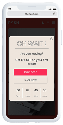 Gamified mobile engagement exit intent example showing a countdown timer and a 15& off first order discount code to drive immediacy