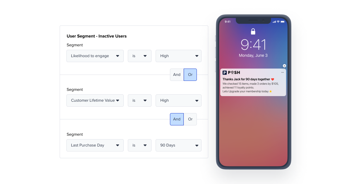 Smartphone showing a POSH fashion brand app push trying to engage an inactive users