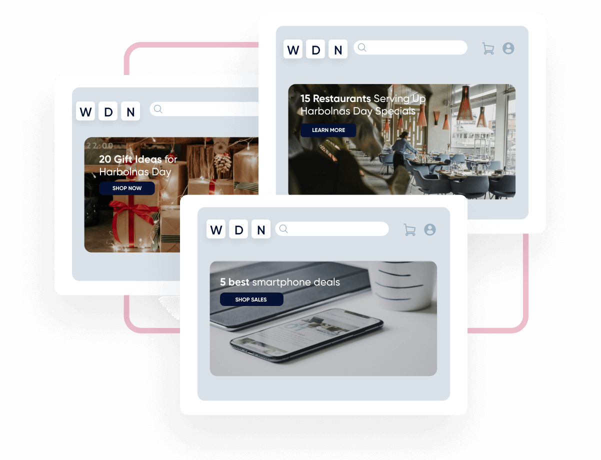 Banner Management enables businesses to tailor onsite elements like banners to match a user's interest in this example you see someone interest in Harbolnas gifts, another interested in food, and the last interested in smartphone deals