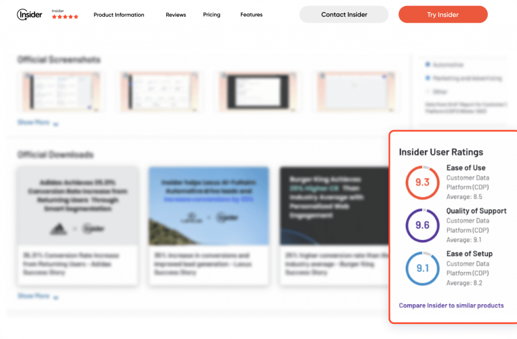 Insider One G2 score ease of use support quality ease of setup