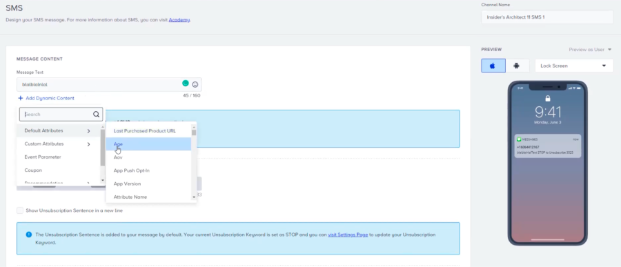 Insider One SMS dynamic content
