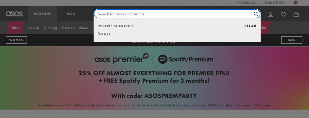 ASOS search bar showing a user’s most recent searches