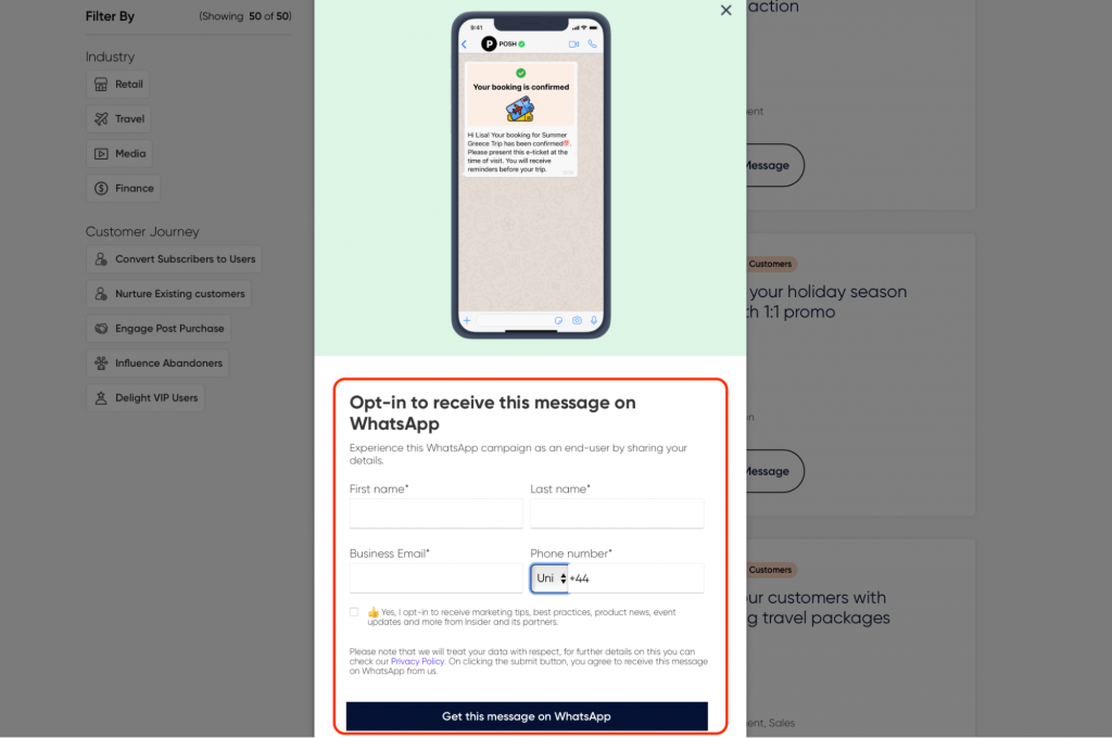 Insider One WhatsApp template explorer receive template as WhatsApp message