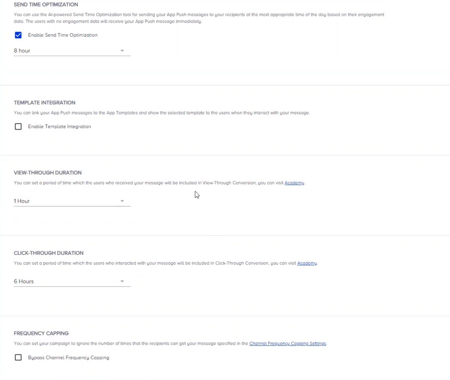 Insider One mobile push notification settings send time optimization analytics frequency capping