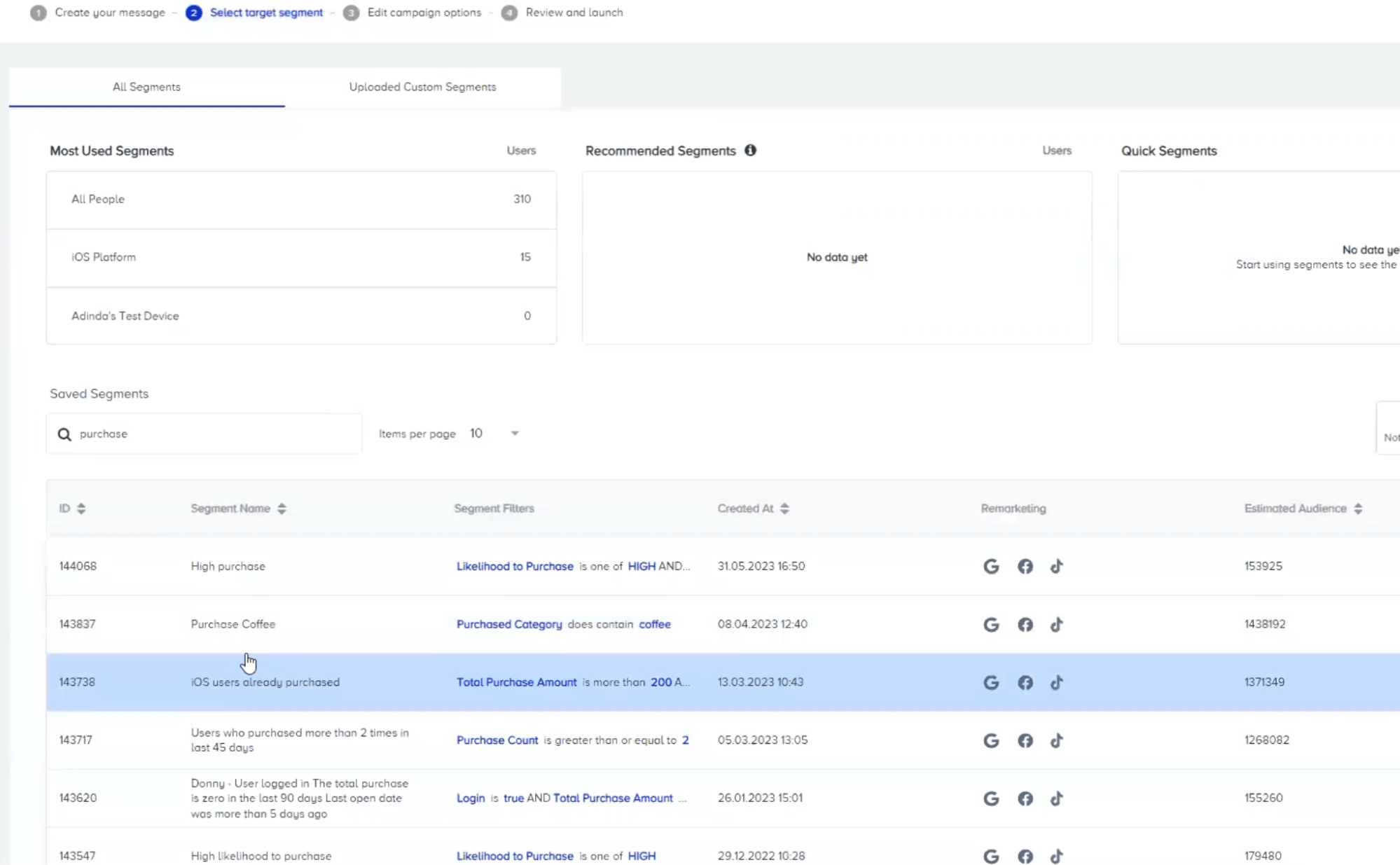 Insider One saved campaign segments
