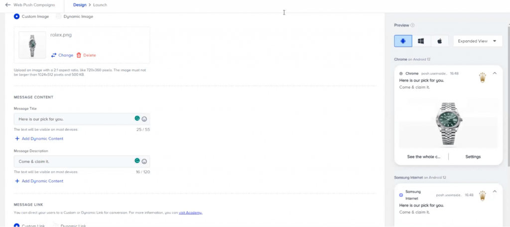 Insider One web push notification builder URL CTA settings