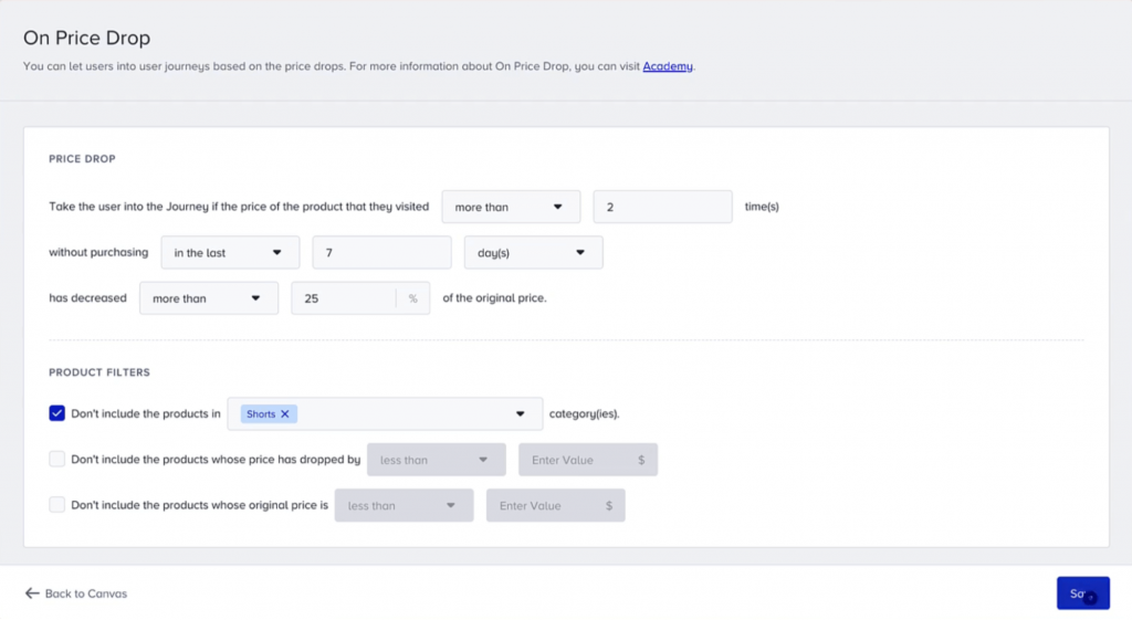Insider One Architect price drop journey settings