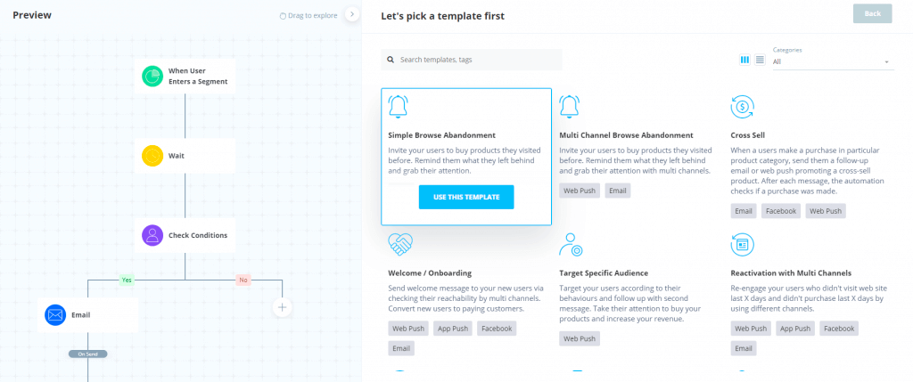 Insider One offers a customer journey map builder with templates