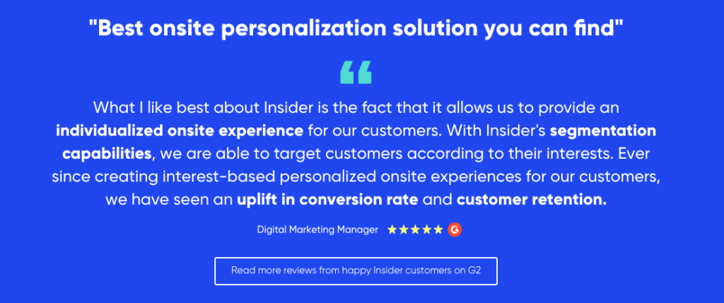 G2 Review for Insider One titled “best onsite personalization solution you can find”