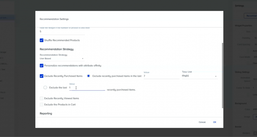 Insider One's product recommendations settings