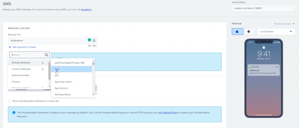 Insider One - SMS builder contenu dynamique