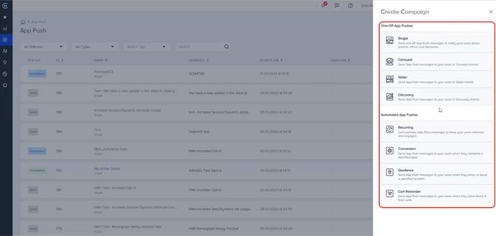 Insider One - types de notifications push sur applications mobiles 