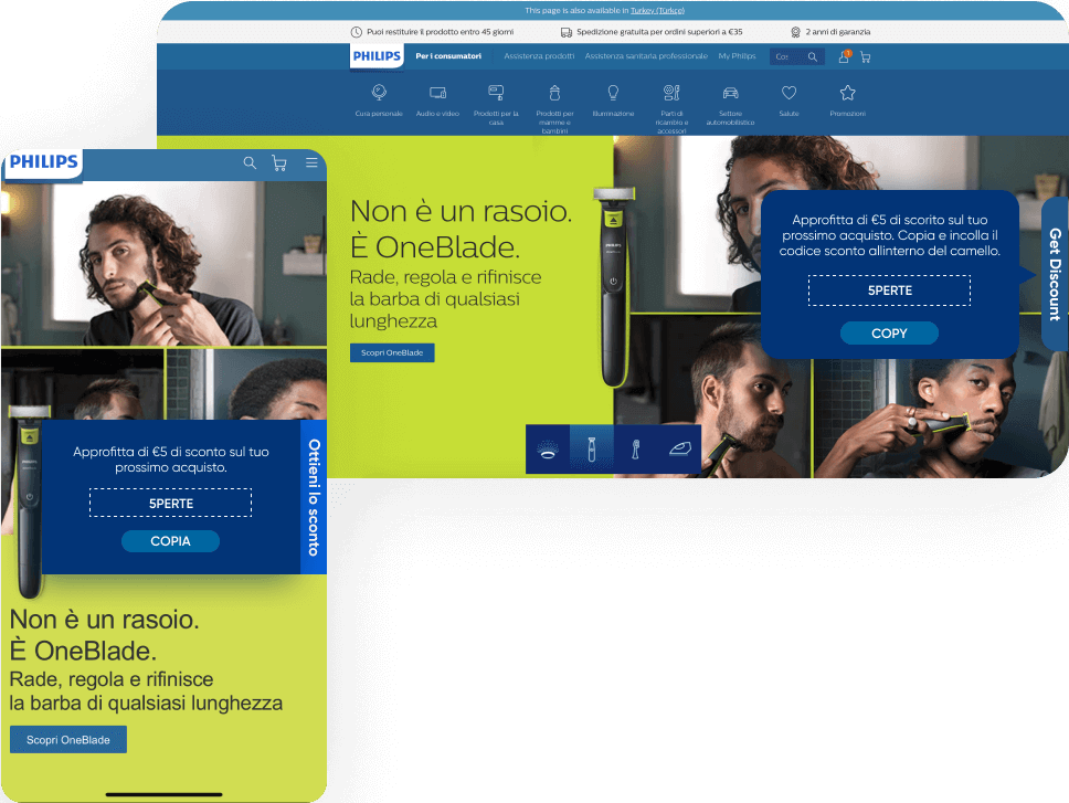 Cupones de envío gratuito y barra de progreso en el sitio web de Philips