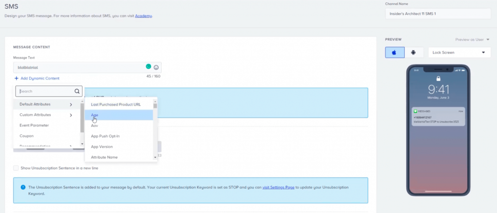 Conteúdo dinâmico do construtor de SMS da Insider One