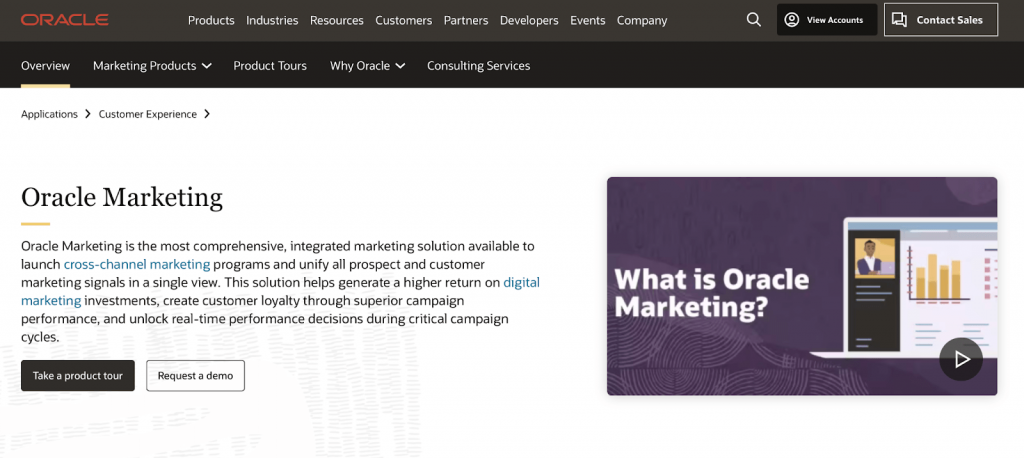 Oracle Marketing Cloud page d'accueil
