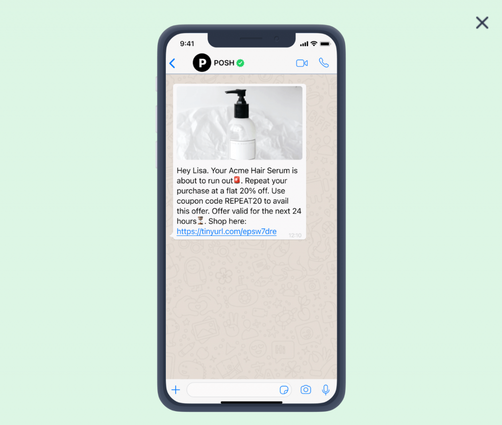 You can set up Insider One to wait 40 days after a purchase and then send a replenishment reminder on WhatsApp