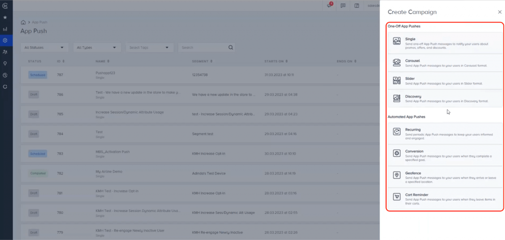 Insider One mobile app push notification types