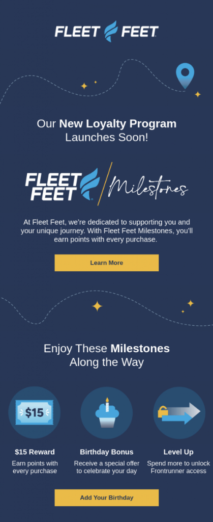 Fleet Feet’s loyalty program launch email, “Our New Loyalty Program Launches Soon