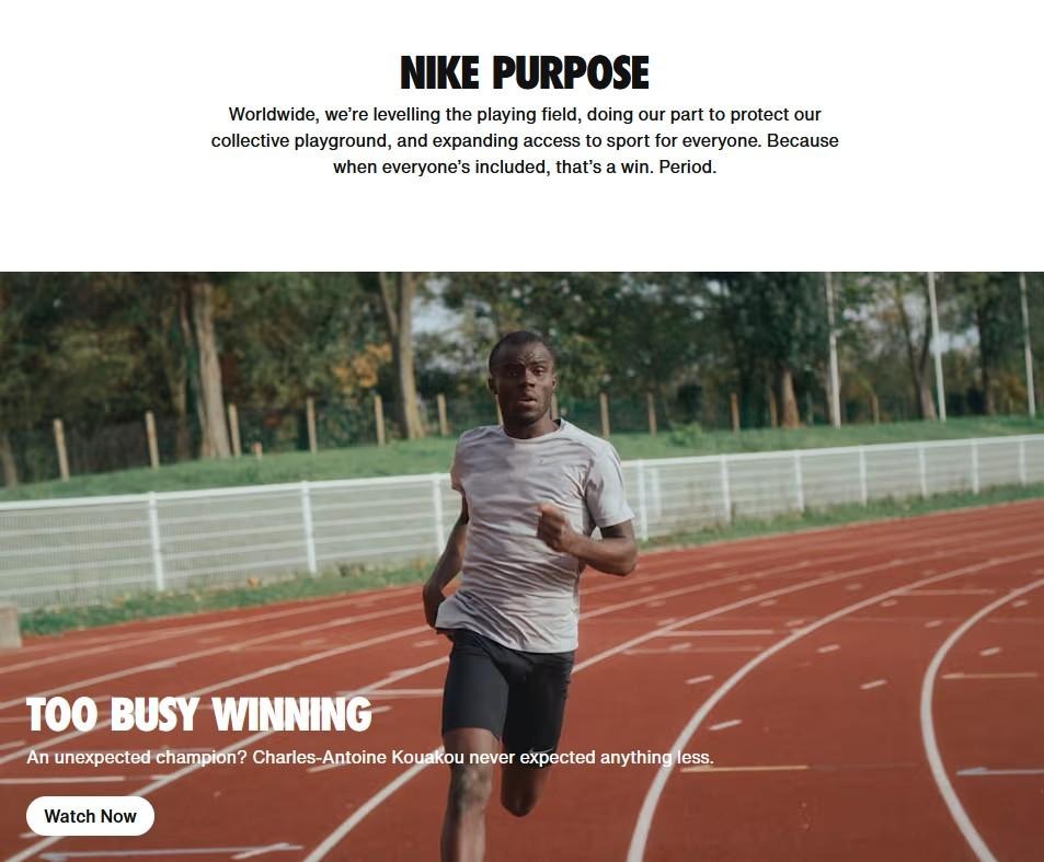 Athlete running on a track with Nike’s message on inclusivity and a “Too Busy Winning” campaign headline