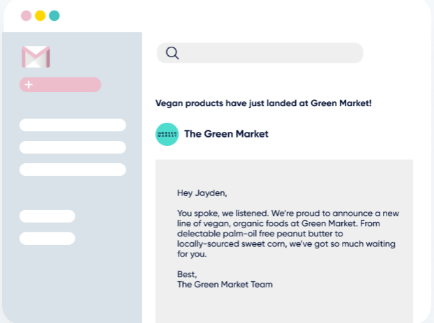 Promotional notification from The Green Market announcing new vegan products, representing lifecycle-based retention messaging