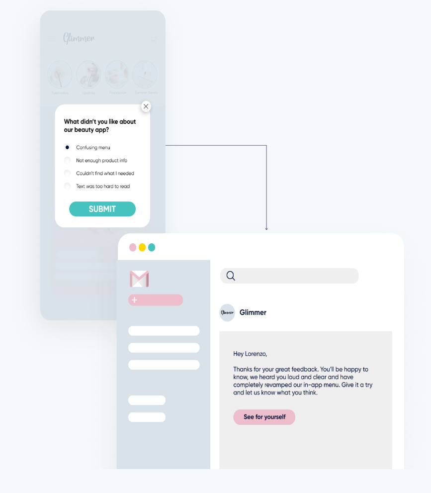 Feedback interface where a user submits comments and ratings on a Glimmer product experience, highlighting collaborative product development