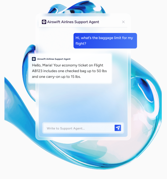 Airswift Airlines Support Agent chat answering a customer’s baggage allowance question, showing AI-powered, human-like customer support.