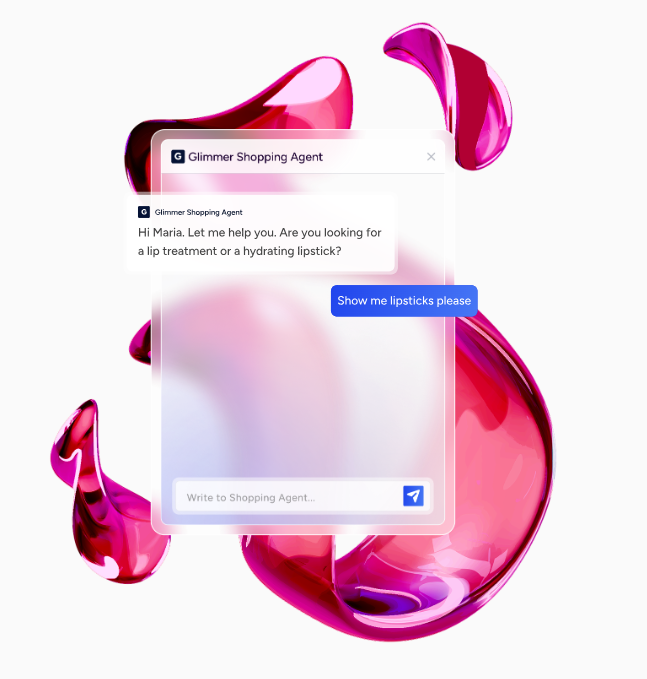 Chat window of the Glimmer Shopping Agent recommending a specific lipstick in response to a customer’s skincare query, demonstrating personalized product guidance.