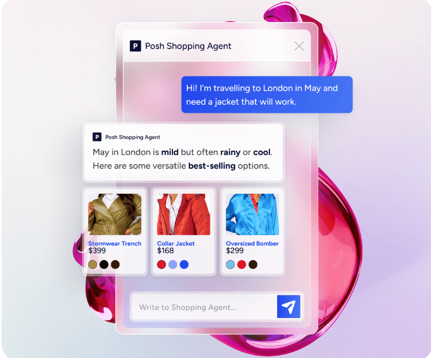 Mobile chat interface of the Posh Shopping Agent helping a traveler choose outfits for a trip, demonstrating automated, low-touch shopping assistance.