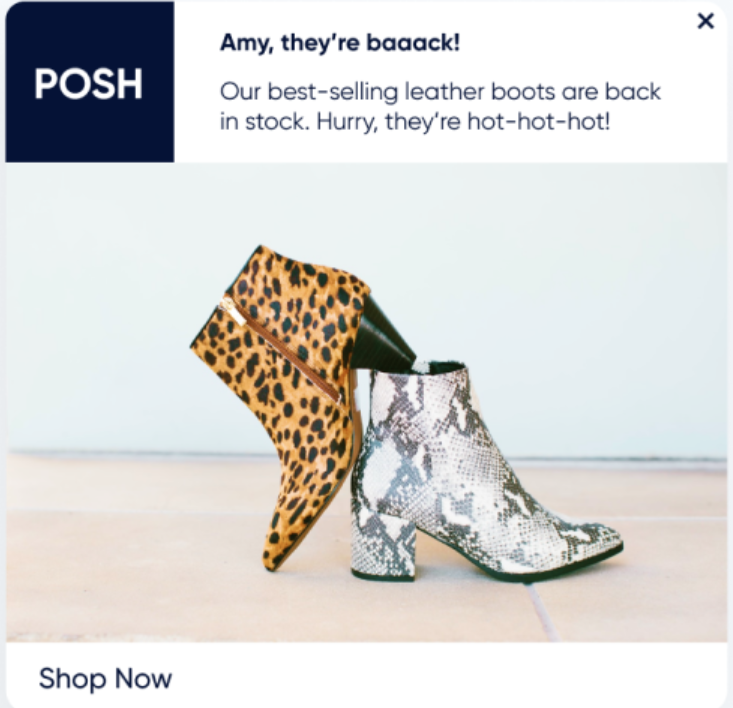 Restock alert banner for Posh shoes showcasing limited-stock items, exemplifying automated notifications to drive repeat purchases.
