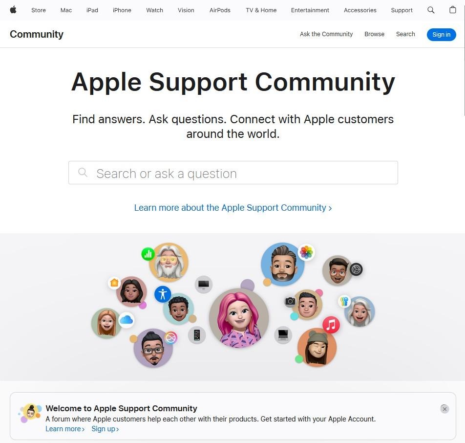 Apple Support Community page with search bar and Memoji avatars of users connecting