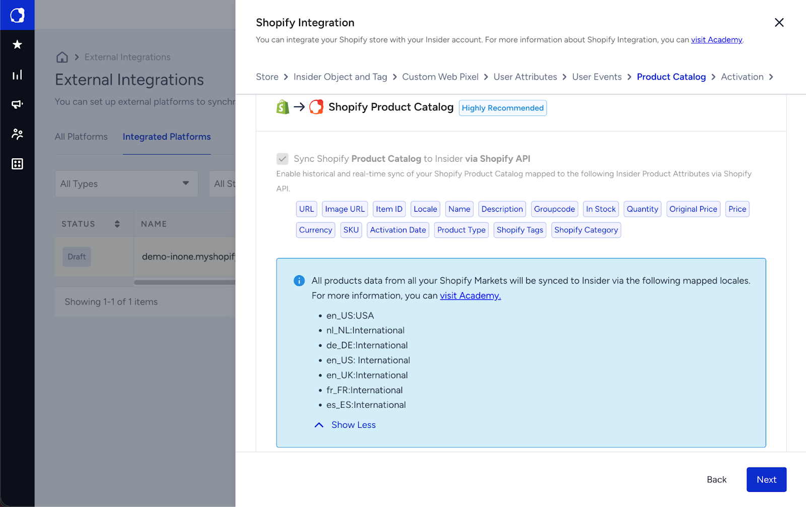 Insider One Shopify integration setup showing native connection to Shopify Markets.