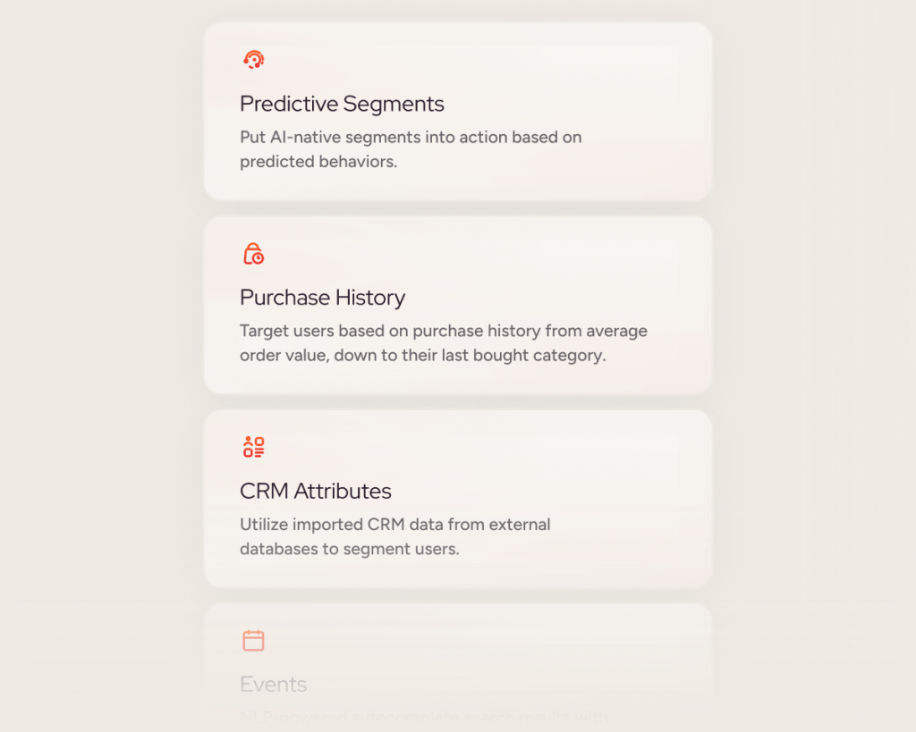Predictive segments, purchase history, CRM attributes, and events, demonstrating how a CJO platform unifies behavioral, transactional, and CRM data for targeting