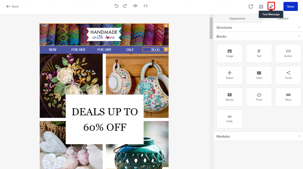 Screen showing a visual journey builder with a ‘Deals up to 60% off’ creative and right-hand panel of draggable triggers and actions, representing a marketer adding a weather-triggered branch to a flow without code