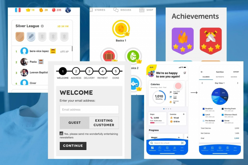 Collage showing a ‘Silver League’ badge, achievement badges, and a mobile login bonus card with a progress bar, representing common gamification elements like levels, daily rewards, and achievements
