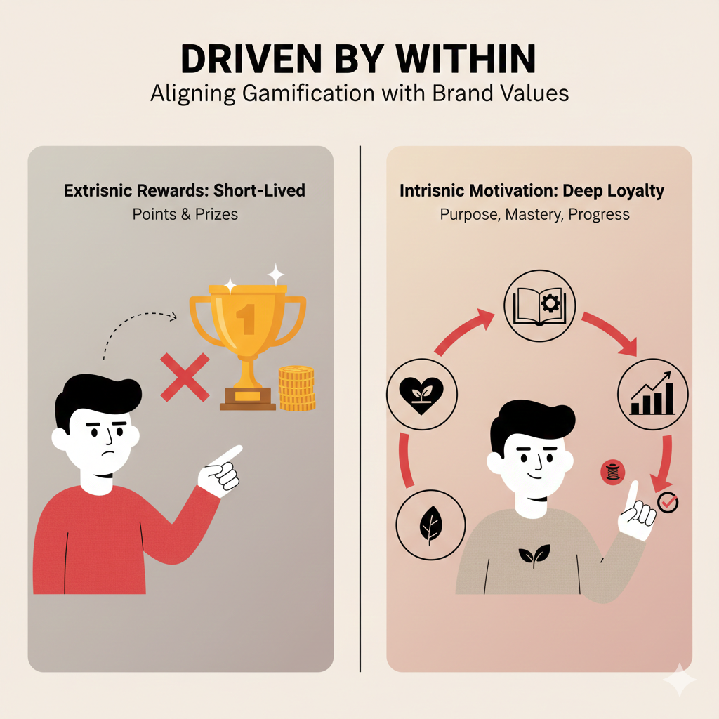Split illustration contrasting ‘Extrinsic Rewards: Short-Lived’ with points and prizes on the left and ‘Intrinsic Motivation: Deep Loyalty’ with purpose, mastery, and progress on the right, explaining why intrinsic motivation sustains engagement