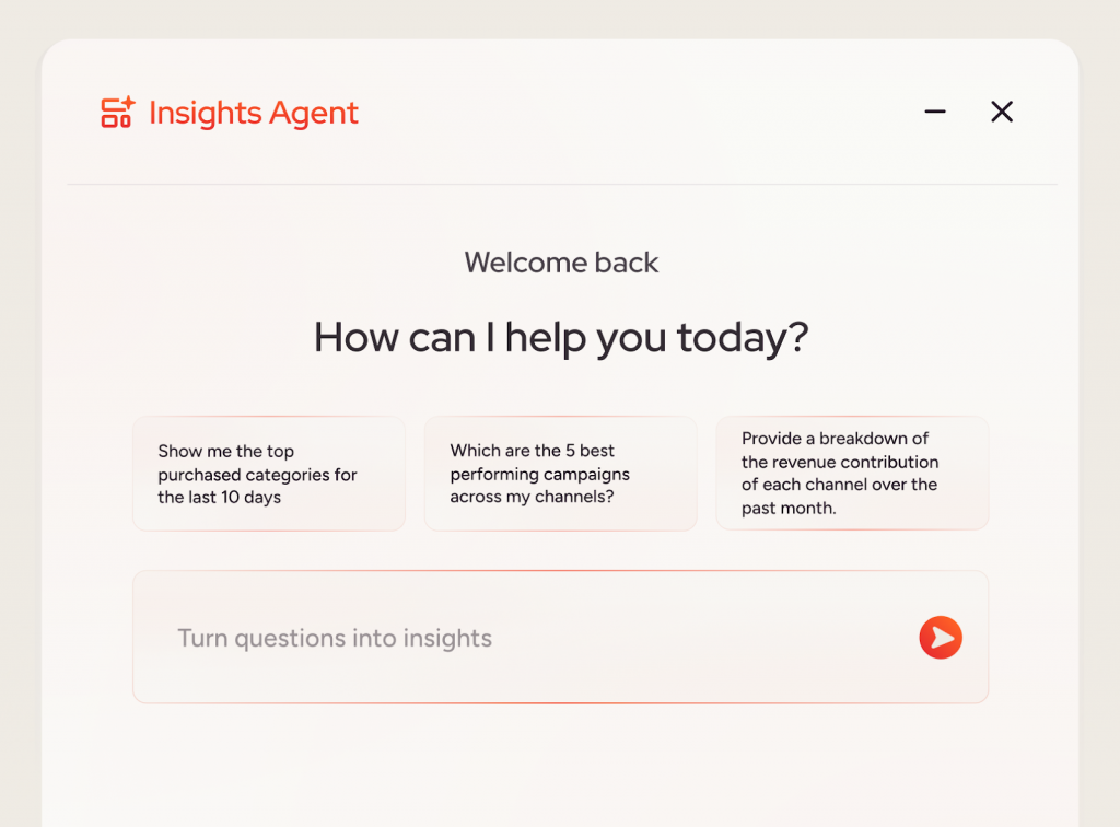 Insider One&rsquo;s Insights Agent providing sample prompts for users to get started.