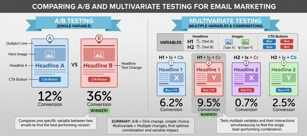 Comparing A/B and multivariate testing for email marketing